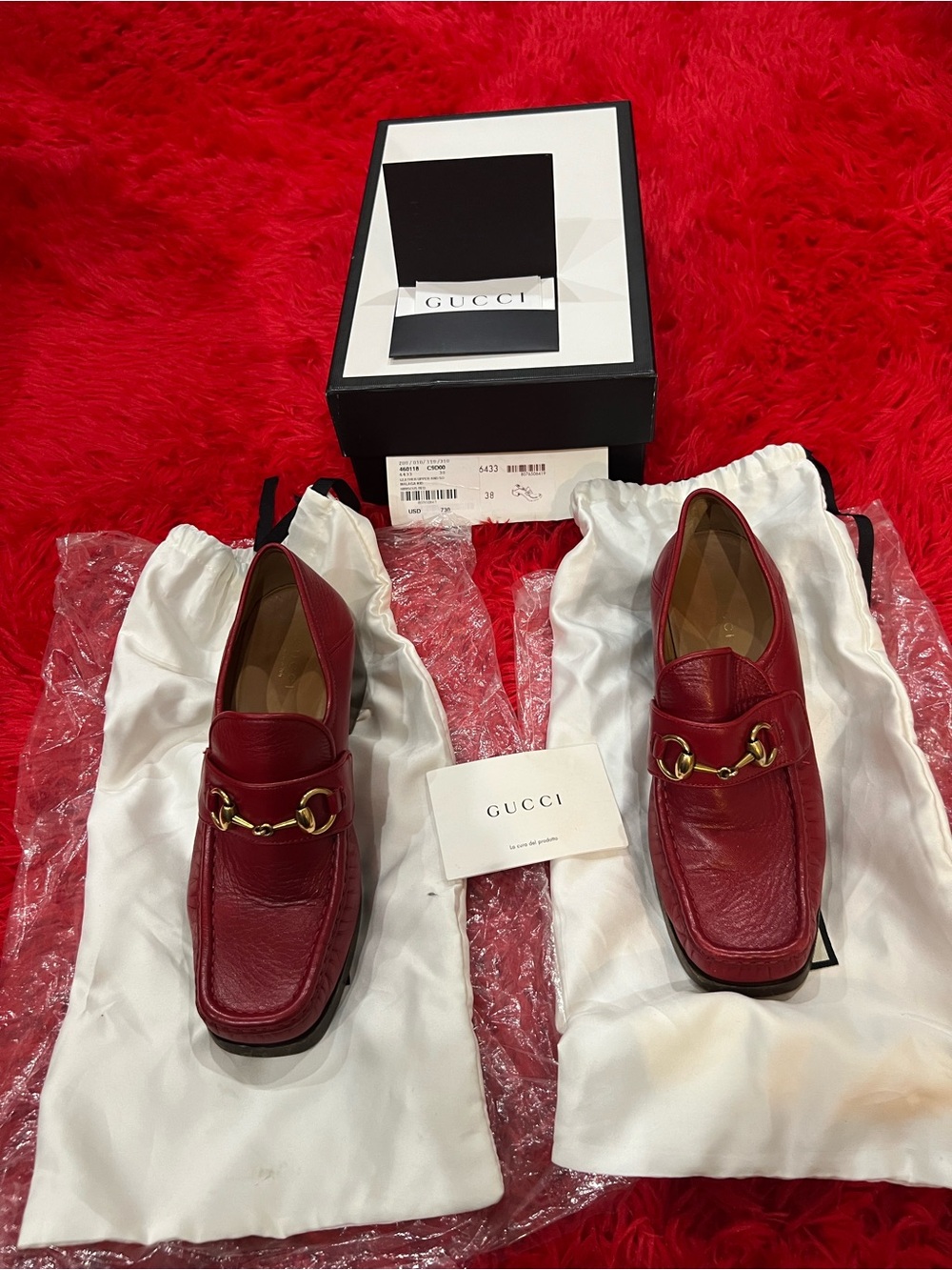 Women Gucci Horsebit Block Heel Loafers Hibiscus Red Leather EU 38 Box Dust Bags